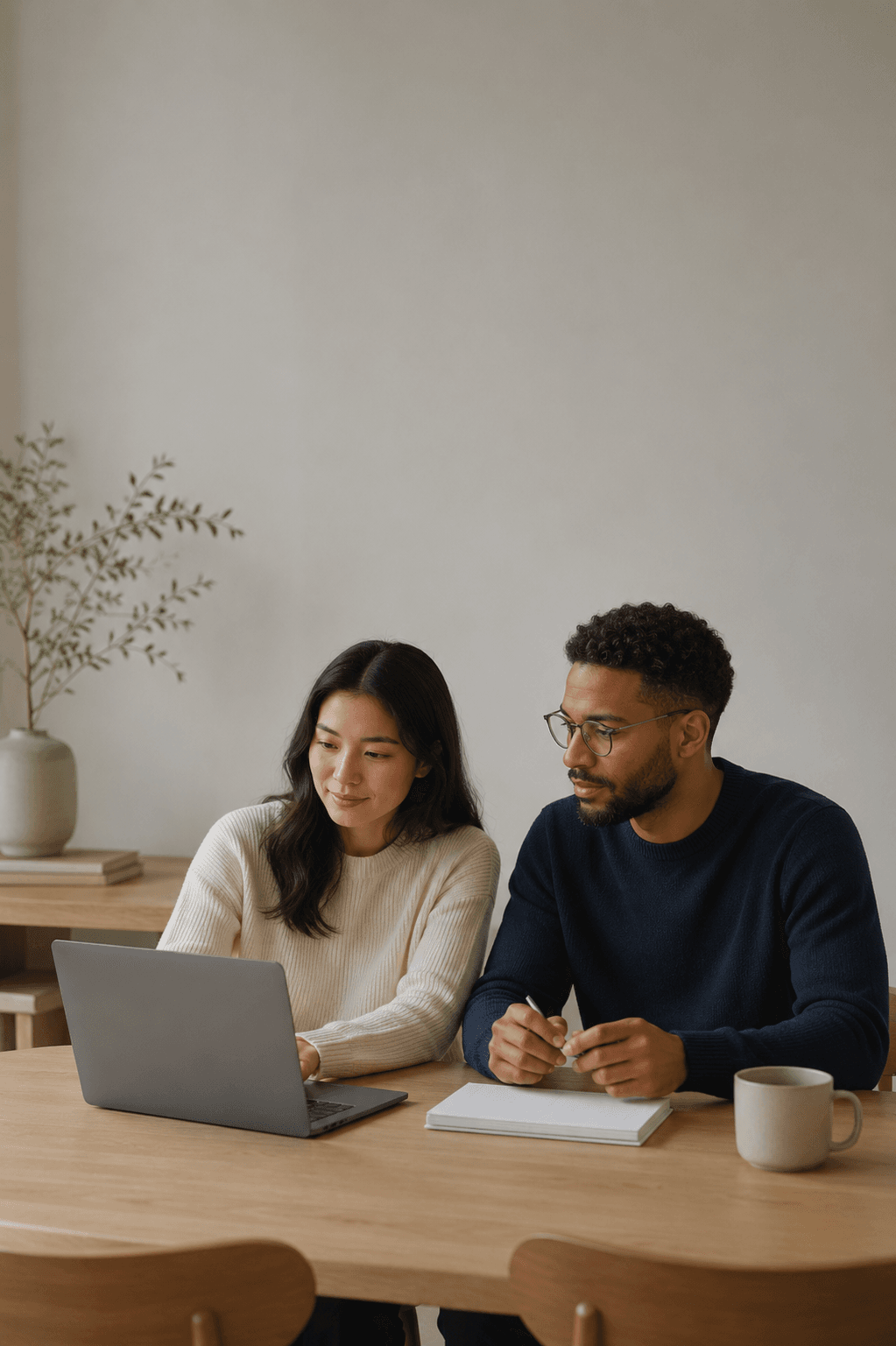Two people going through a plan together at a desk