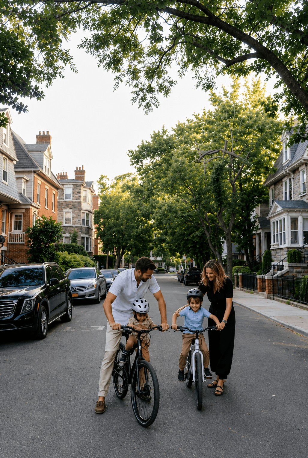 A family on a tree-lined street with their bikes